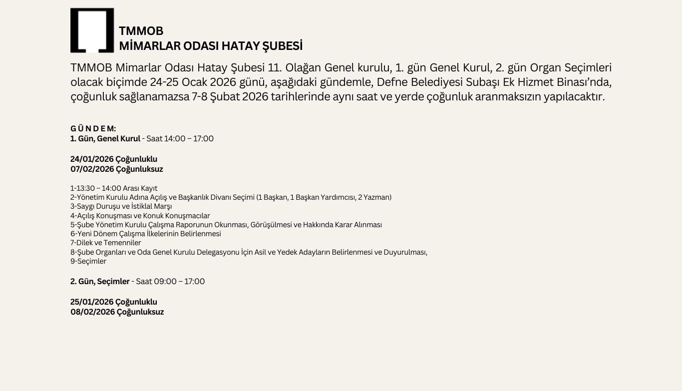  TMMOB Mimarlar Odası Hatay Şubesi 11. Olağan Genel Kurul İlanı